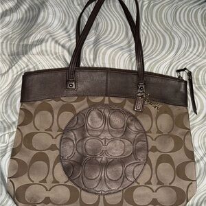 Coach Brown Signature Canvas Tote with Dark Brown Leather Trim